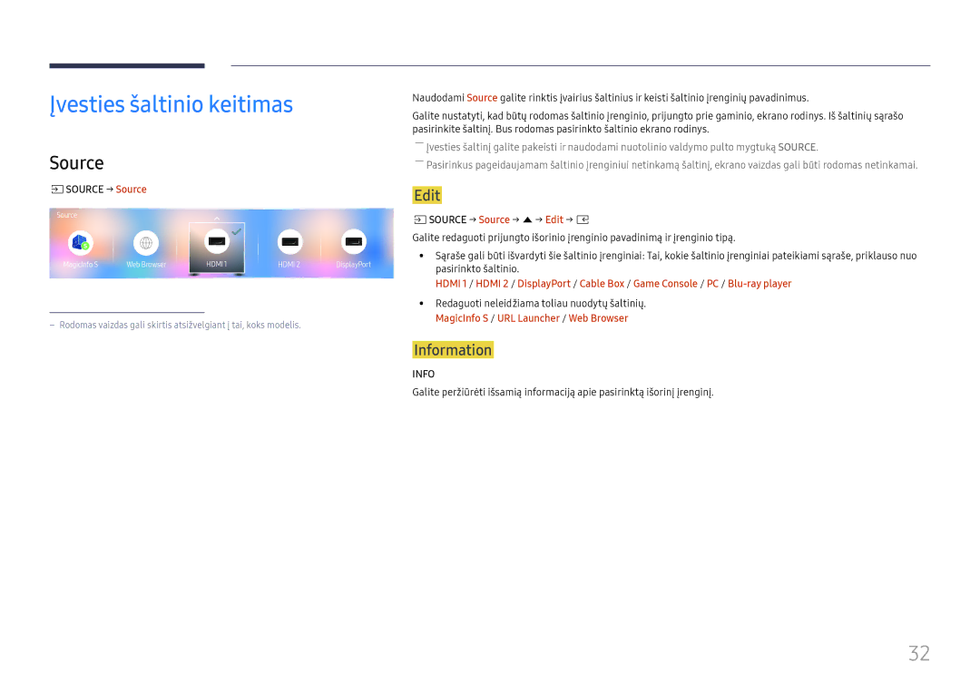 Samsung SBB-SNOWH3U/EN, LH025IFHSAS/EN manual Įvesties šaltinio keitimas, Source, Edit, Information 