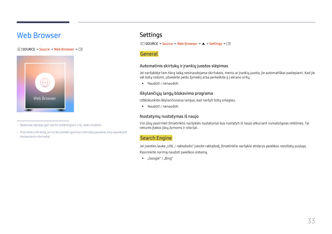 Samsung LH025IFHSAS/EN, SBB-SNOWH3U/EN manual Web Browser, Settings, General, Search Engine 