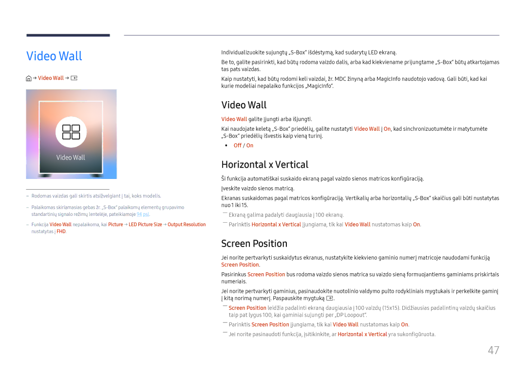 Samsung LH025IFHSAS/EN, SBB-SNOWH3U/EN manual Video Wall, Horizontal x Vertical, Screen Position 
