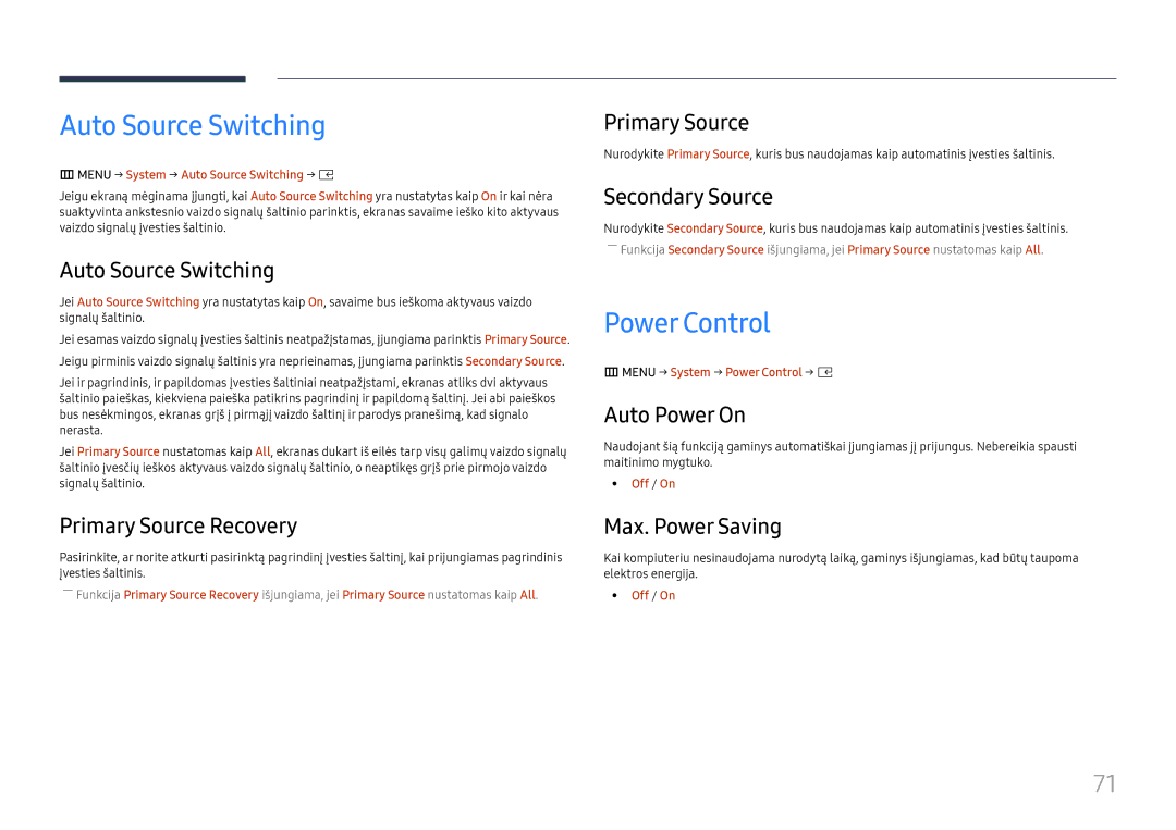 Samsung LH025IFHSAS/EN, SBB-SNOWH3U/EN manual Auto Source Switching, Power Control 