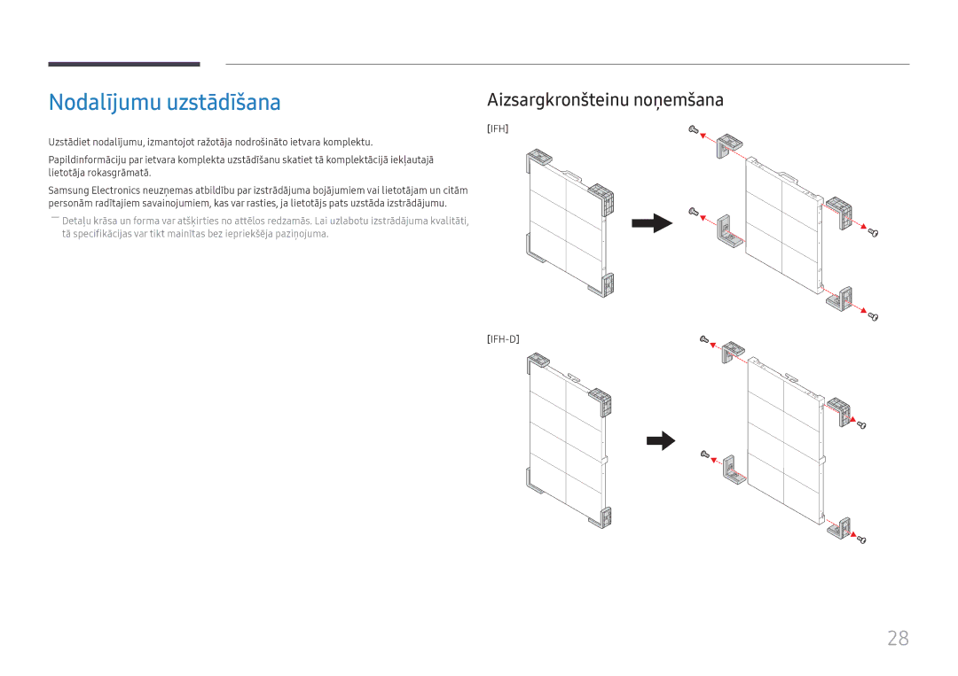 Samsung SBB-SNOWH3U/EN, LH025IFHSAS/EN manual Nodalījumu uzstādīšana, Aizsargkronšteinu noņemšana 