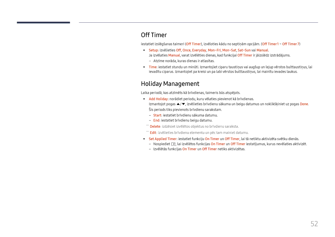 Samsung SBB-SNOWH3U/EN, LH025IFHSAS/EN manual Off Timer, Holiday Management 