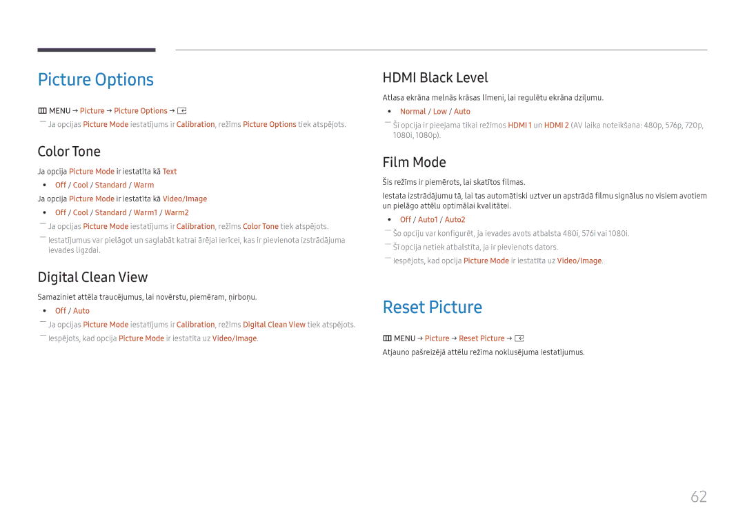 Samsung SBB-SNOWH3U/EN, LH025IFHSAS/EN manual Picture Options, Reset Picture 