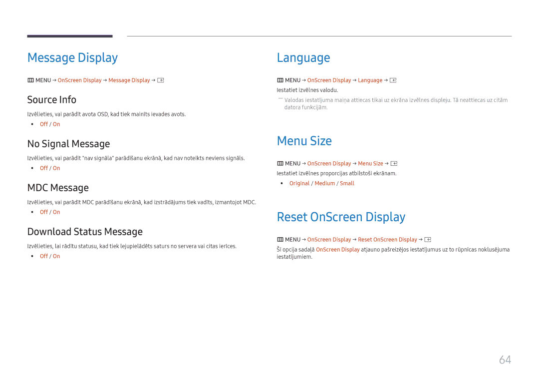 Samsung SBB-SNOWH3U/EN, LH025IFHSAS/EN manual Message Display, Language, Menu Size, Reset OnScreen Display 