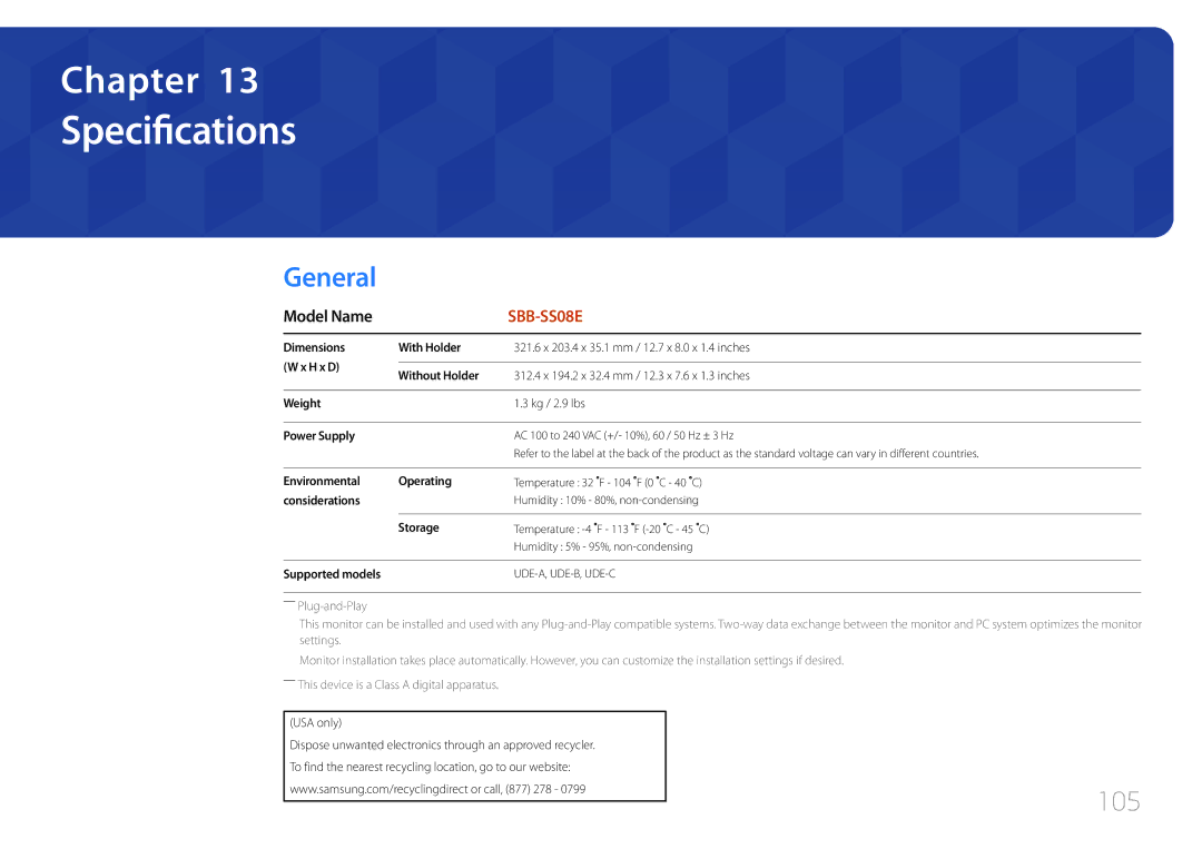 Samsung SBB-SS08EL1/XY, SBB-SS08EL1/EN manual Specifications, Model Name 