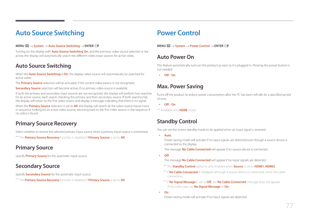 Samsung SBB-SS08EL1/XY, SBB-SS08EL1/EN manual Auto Source Switching, Power Control 