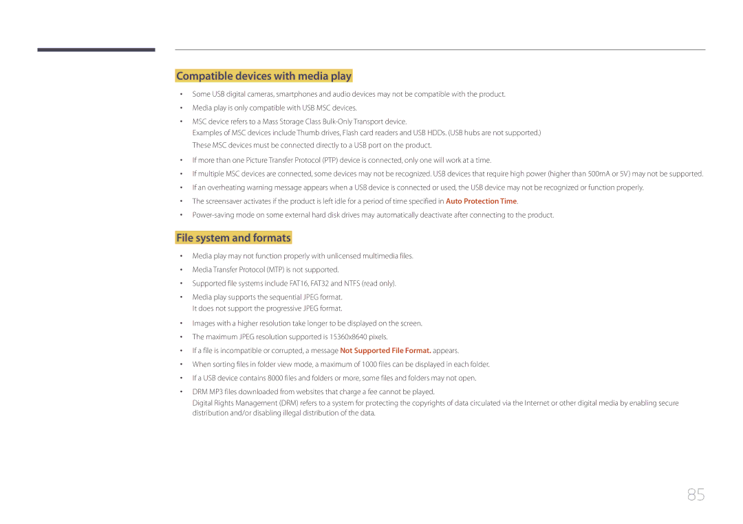 Samsung SBB-SS08EL1/XY, SBB-SS08EL1/EN manual Compatible devices with media play, File system and formats 