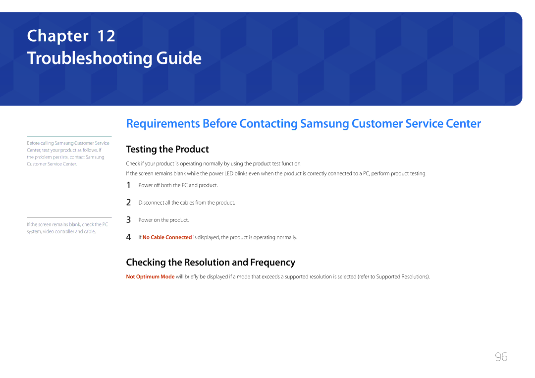 Samsung SBB-SS08EL1/EN, SBB-SS08EL1/XY Troubleshooting Guide, Testing the Product, Checking the Resolution and Frequency 