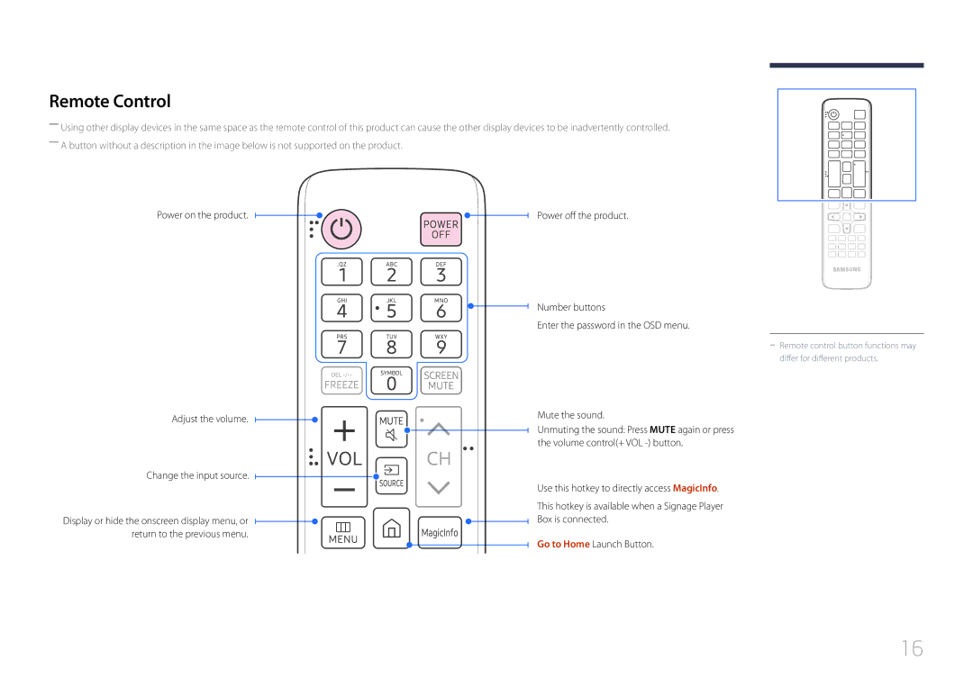 Samsung SBB-SS08EL1/EN, SBB-SS08EL1/XY manual Remote Control 