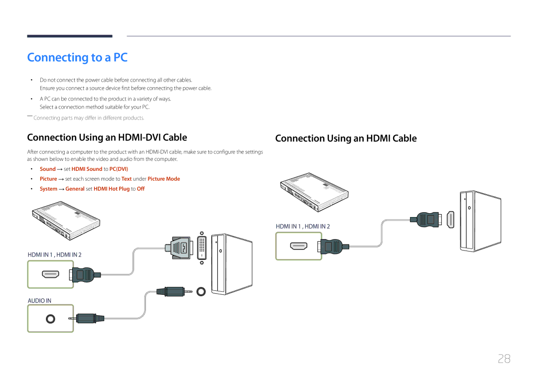 Samsung SBB-SS08EL1/EN manual Connecting to a PC, Connection Using an HDMI-DVI Cable, Sound → set Hdmi Sound to Pcdvi 