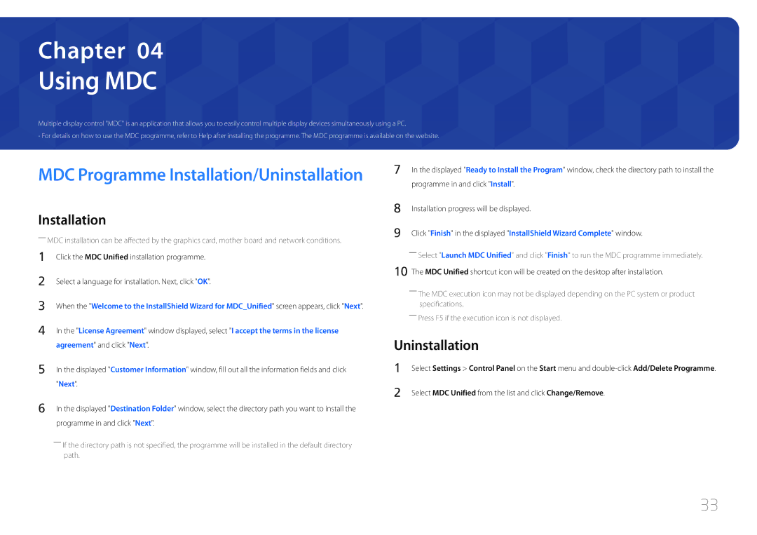 Samsung SBB-SS08EL1/XY, SBB-SS08EL1/EN manual Using MDC, Uninstallation 