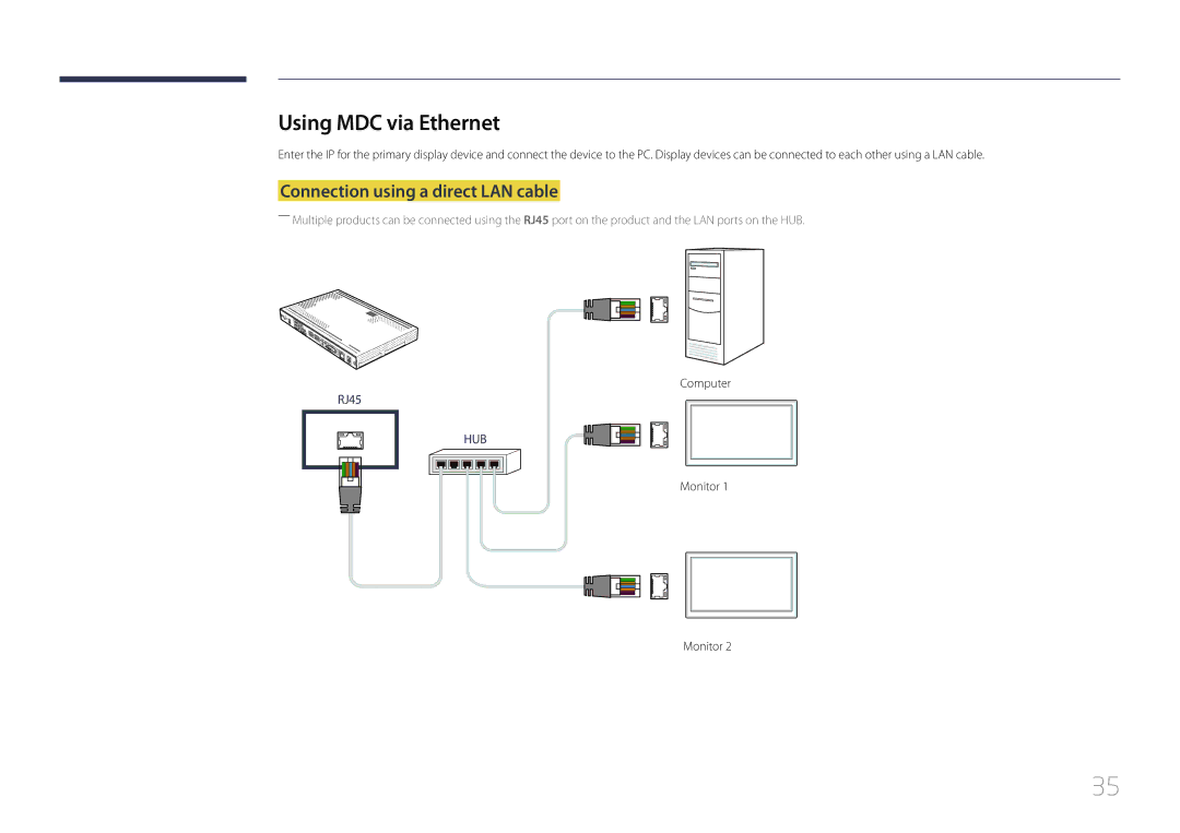 Samsung SBB-SS08EL1/XY, SBB-SS08EL1/EN manual Using MDC via Ethernet, Connection using a direct LAN cable 