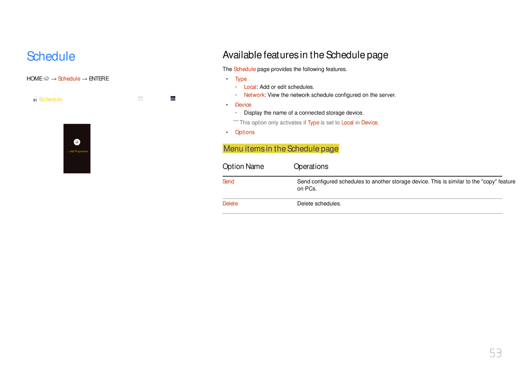 Samsung SBB-SS08EL1/XY, SBB-SS08EL1/EN manual Available features in the Schedule, Menu items in the Schedule 