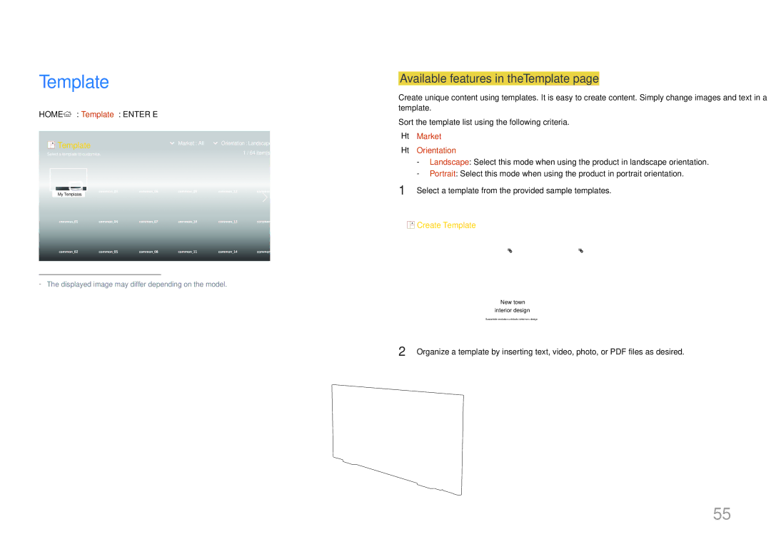 Samsung SBB-SS08EL1/XY manual Available features in the Template, Home → Template → Enter E, Market, Orientation 