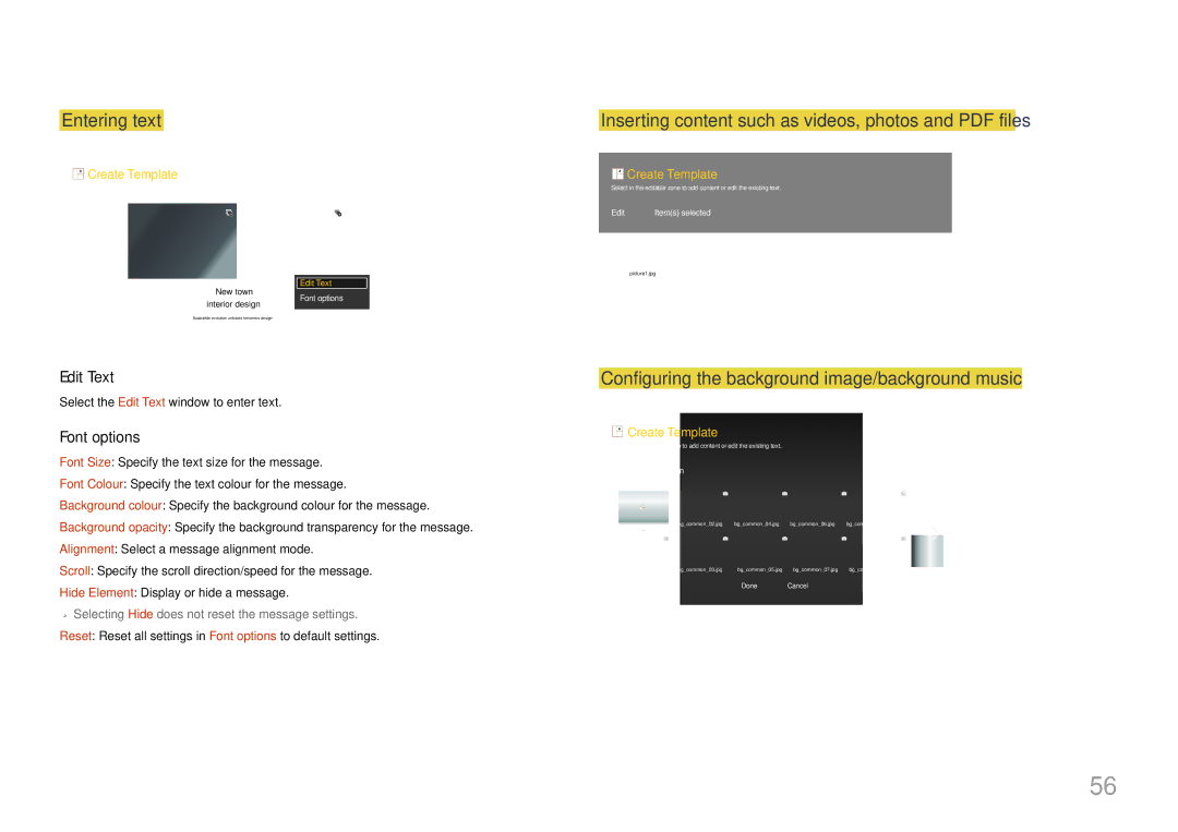 Samsung SBB-SS08EL1/EN, SBB-SS08EL1/XY manual Entering text, Configuring the background image/background music 