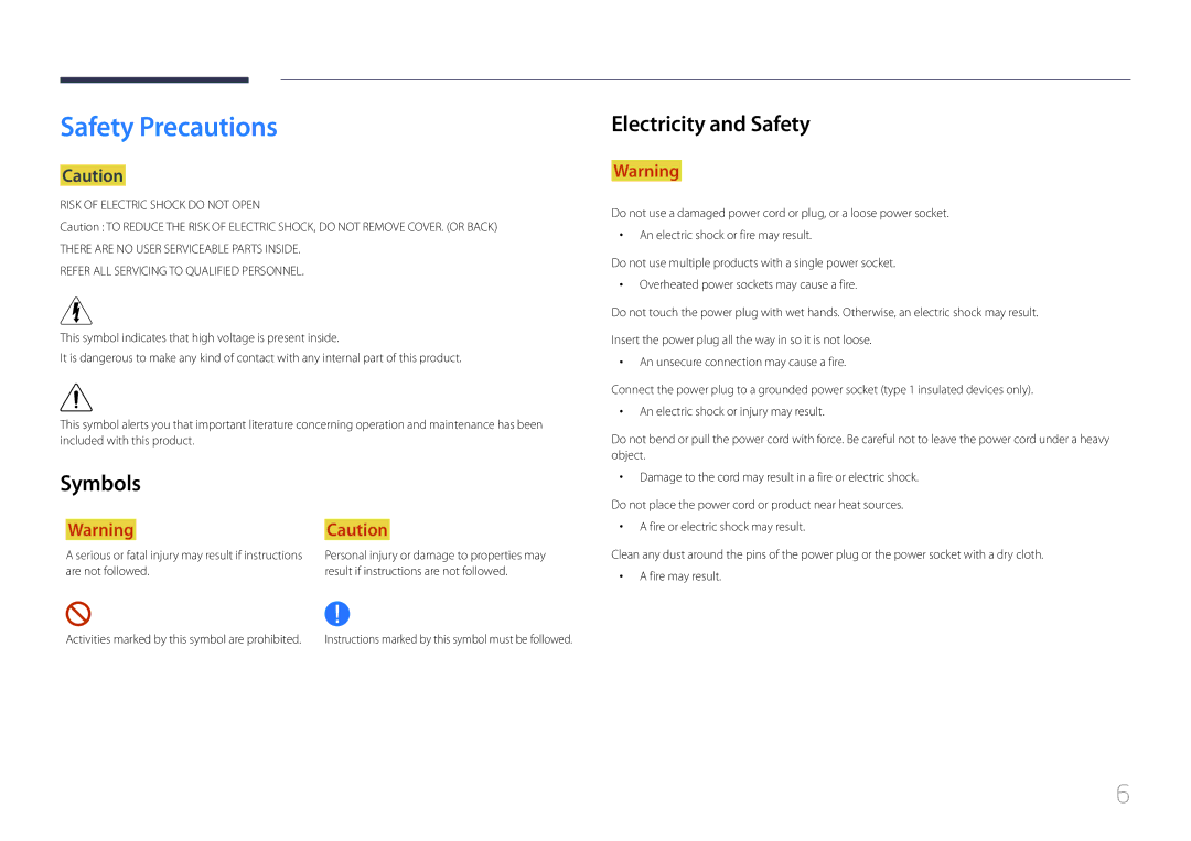 Samsung SBB-SS08EL1/EN, SBB-SS08EL1/XY manual Safety Precautions, Symbols, Electricity and Safety 