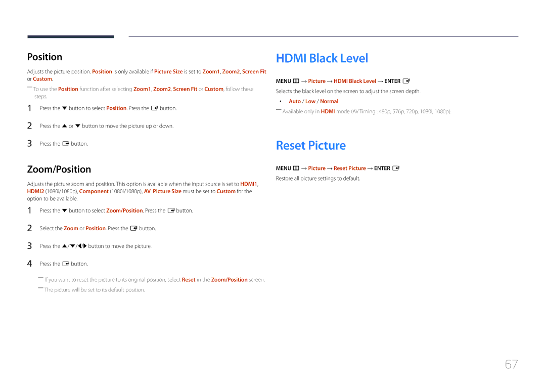 Samsung SBB-SS08EL1/XY, SBB-SS08EL1/EN manual Hdmi Black Level, Reset Picture, Zoom/Position 