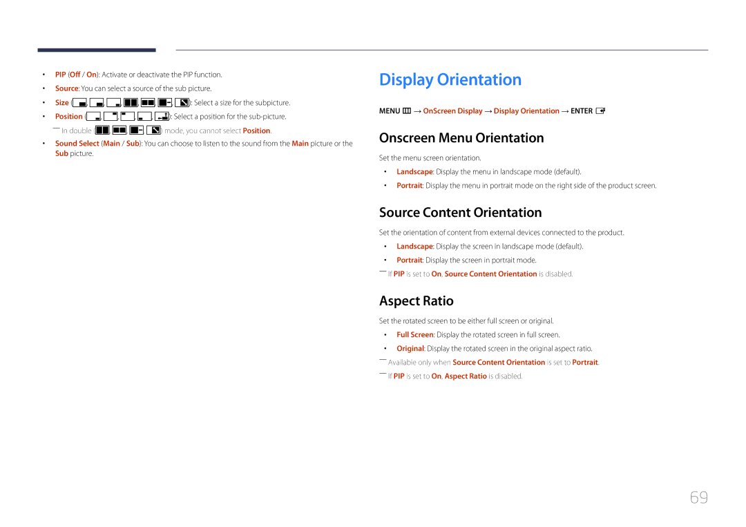 Samsung SBB-SS08EL1/XY manual Display Orientation, Onscreen Menu Orientation, Source Content Orientation, Aspect Ratio 