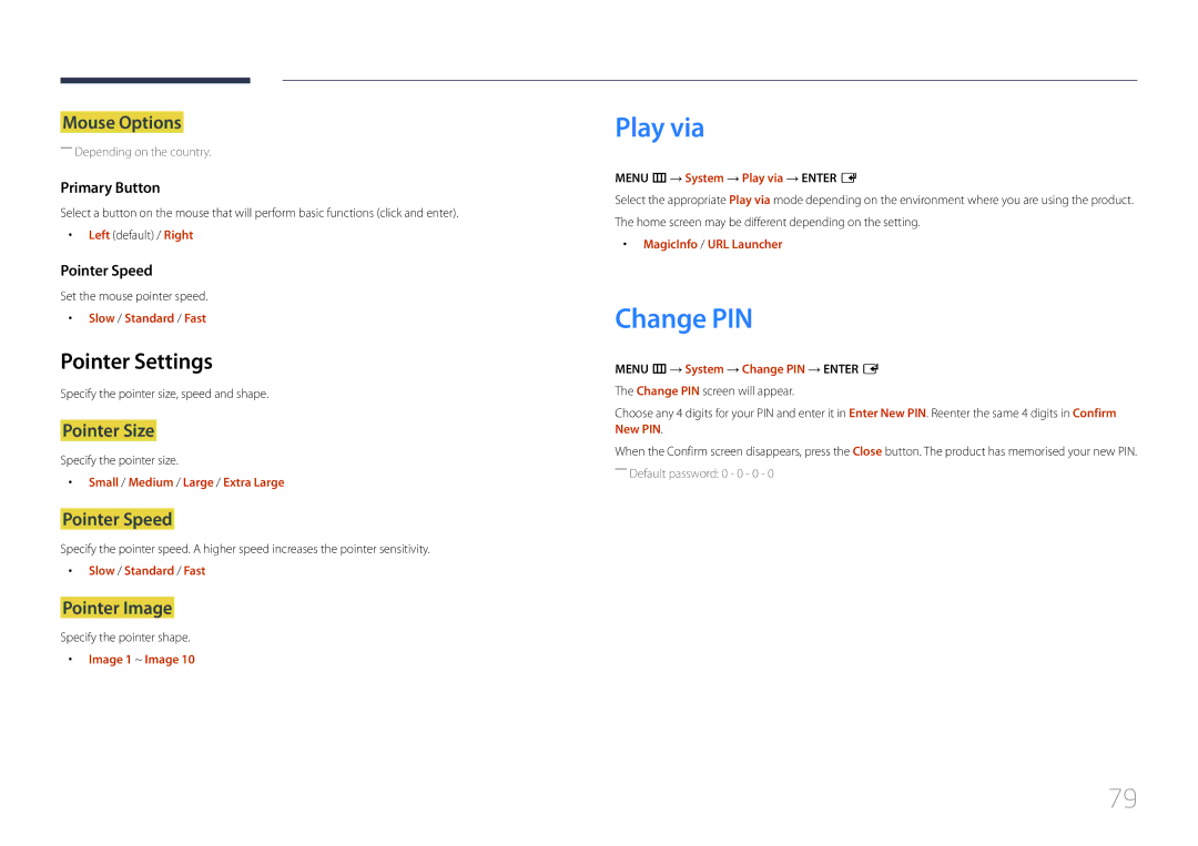 Samsung SBB-SS08EL1/XY, SBB-SS08EL1/EN manual Play via, Change PIN, Pointer Settings 