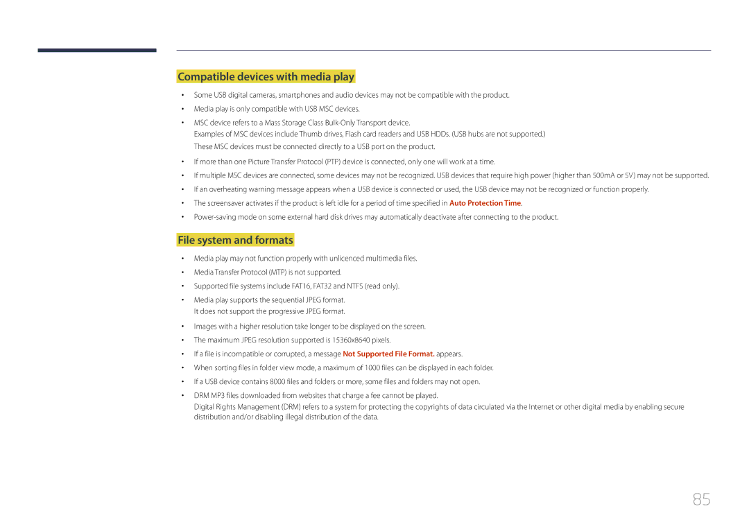 Samsung SBB-SS08EL1/XY, SBB-SS08EL1/EN manual Compatible devices with media play, File system and formats 