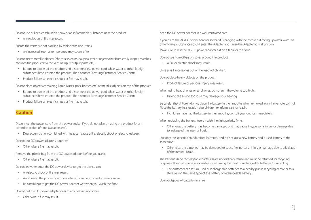 Samsung SBB-SS08EL1/XY, SBB-SS08EL1/EN manual Product failure, an electric shock or fire may result 