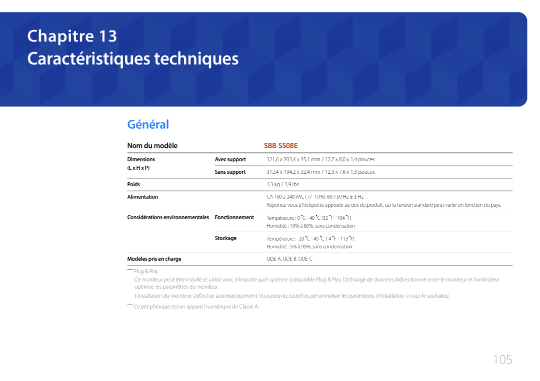 Samsung SBB-SS08EL1/EN manual Caractéristiques techniques, Nom du modèle 