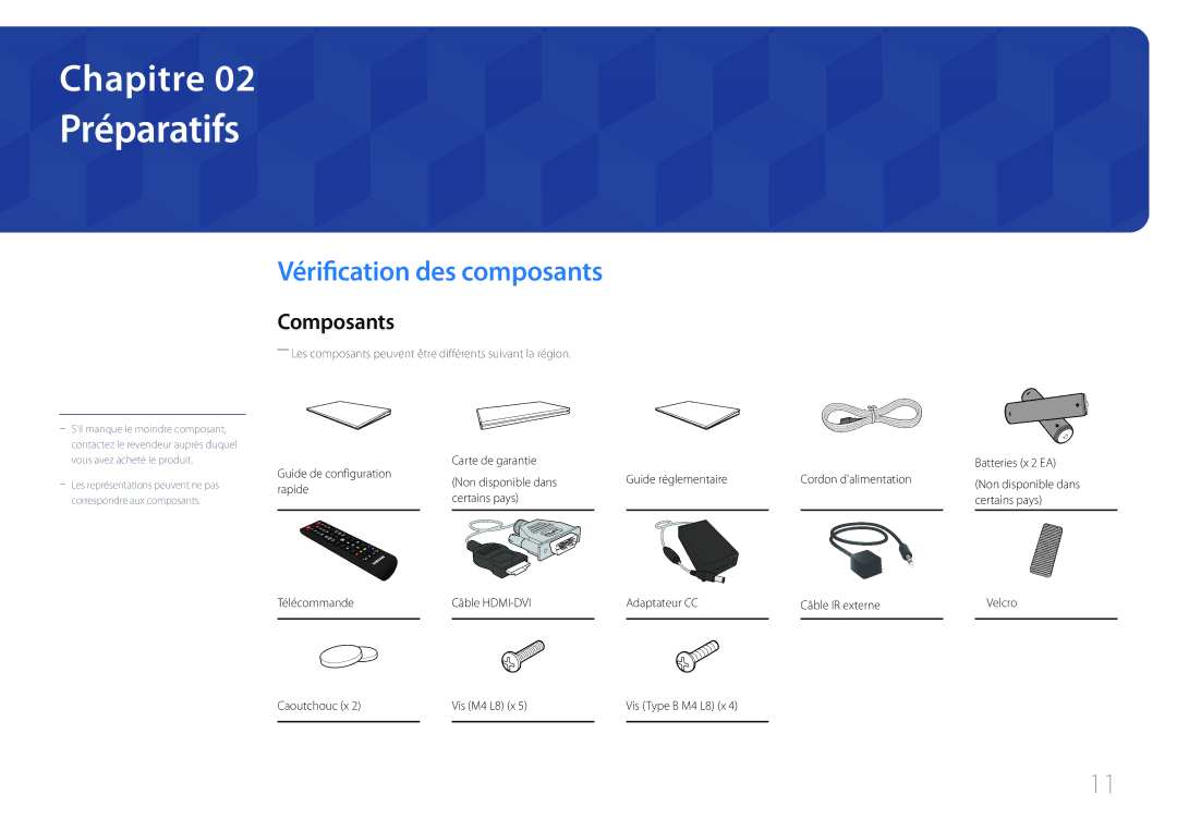 Samsung SBB-SS08EL1/EN manual Préparatifs, Vérification des composants, Composants, Rapide 