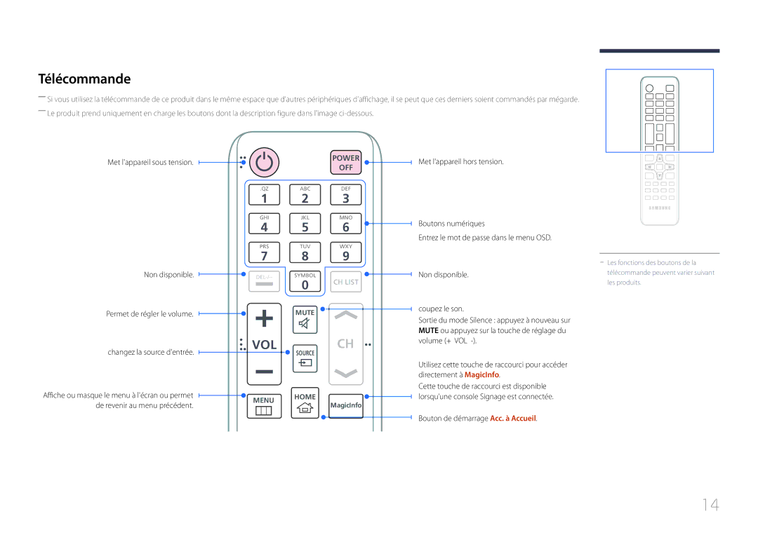 Samsung SBB-SS08EL1/EN manual Télécommande, Non disponible, Changez la source dentrée, Bouton de démarrage Acc. à Accueil 