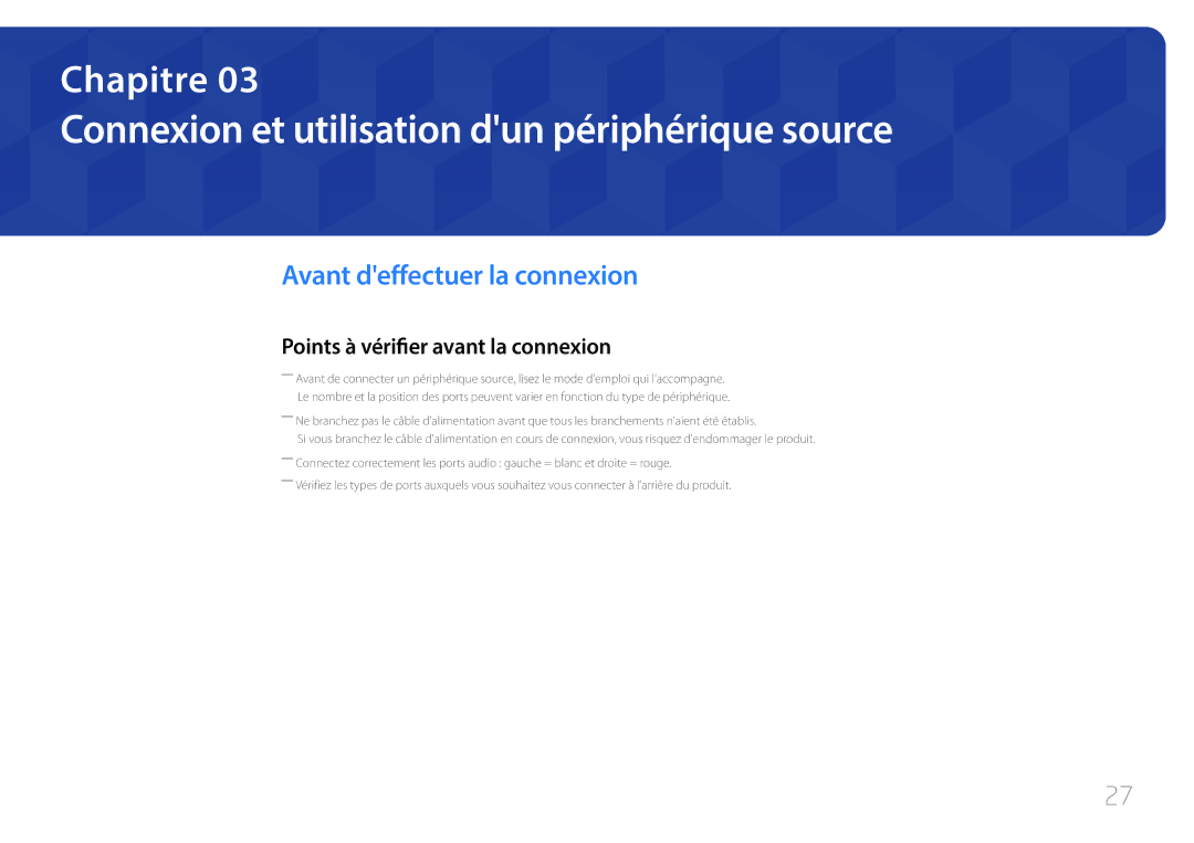 Samsung SBB-SS08EL1/EN manual Connexion et utilisation dun périphérique source, Avant deffectuer la connexion 