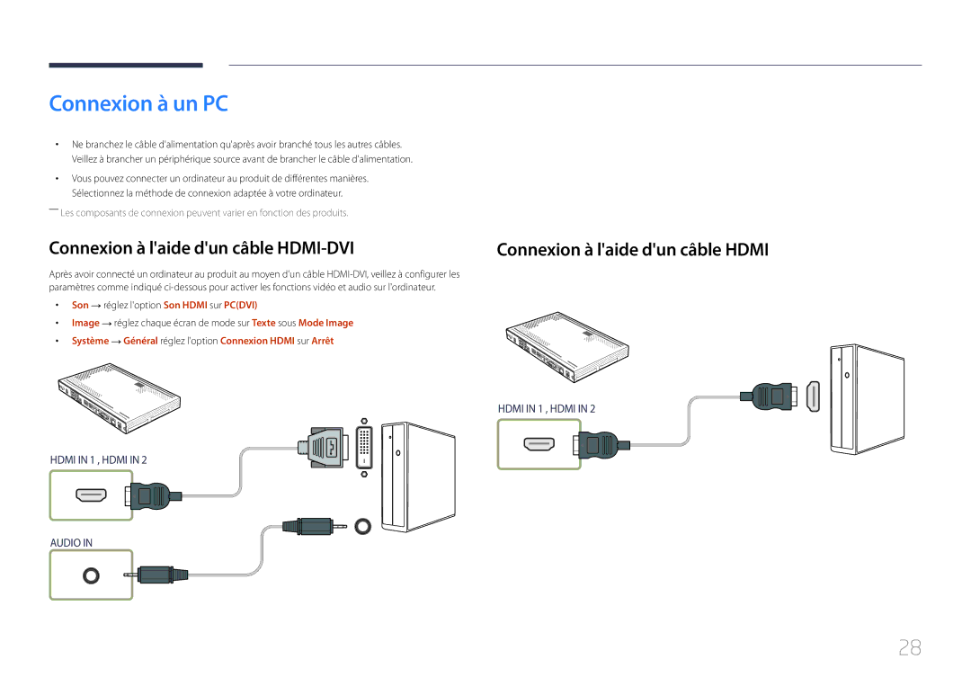 Samsung SBB-SS08EL1/EN manual Connexion à un PC, Connexion à laide dun câble HDMI-DVI 