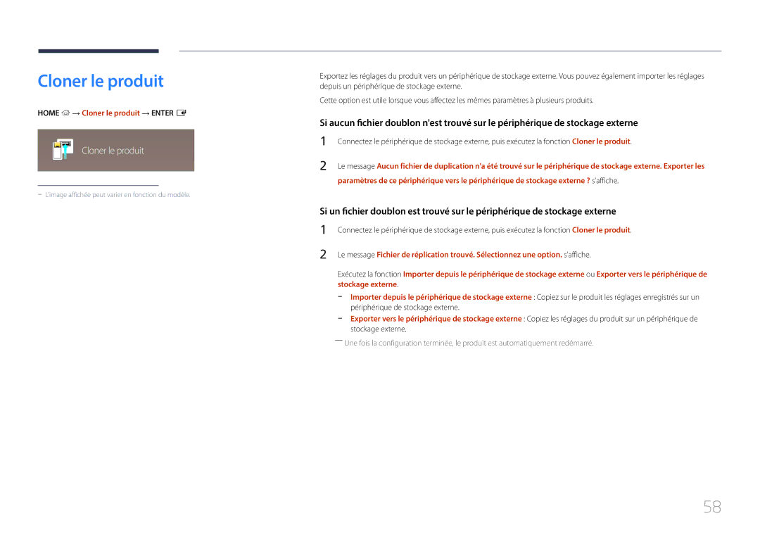 Samsung SBB-SS08EL1/EN manual Home → Cloner le produit → Enter E, Stockage externe 