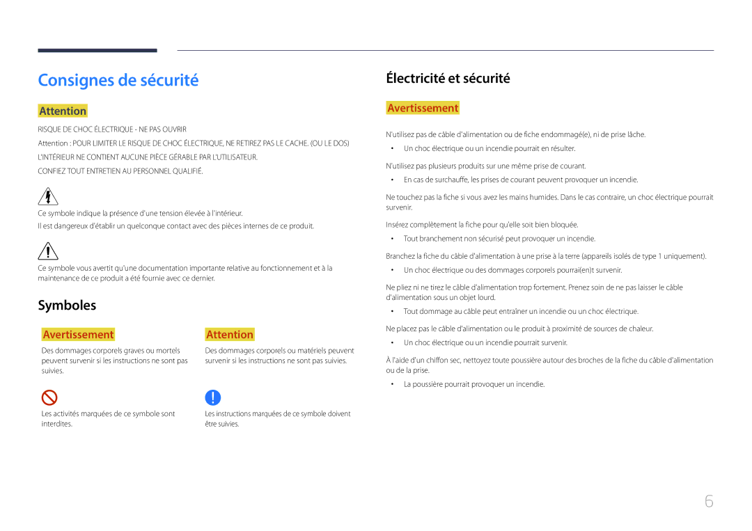 Samsung SBB-SS08EL1/EN manual Consignes de sécurité, Symboles, Électricité et sécurité, Interdites Être suivies 