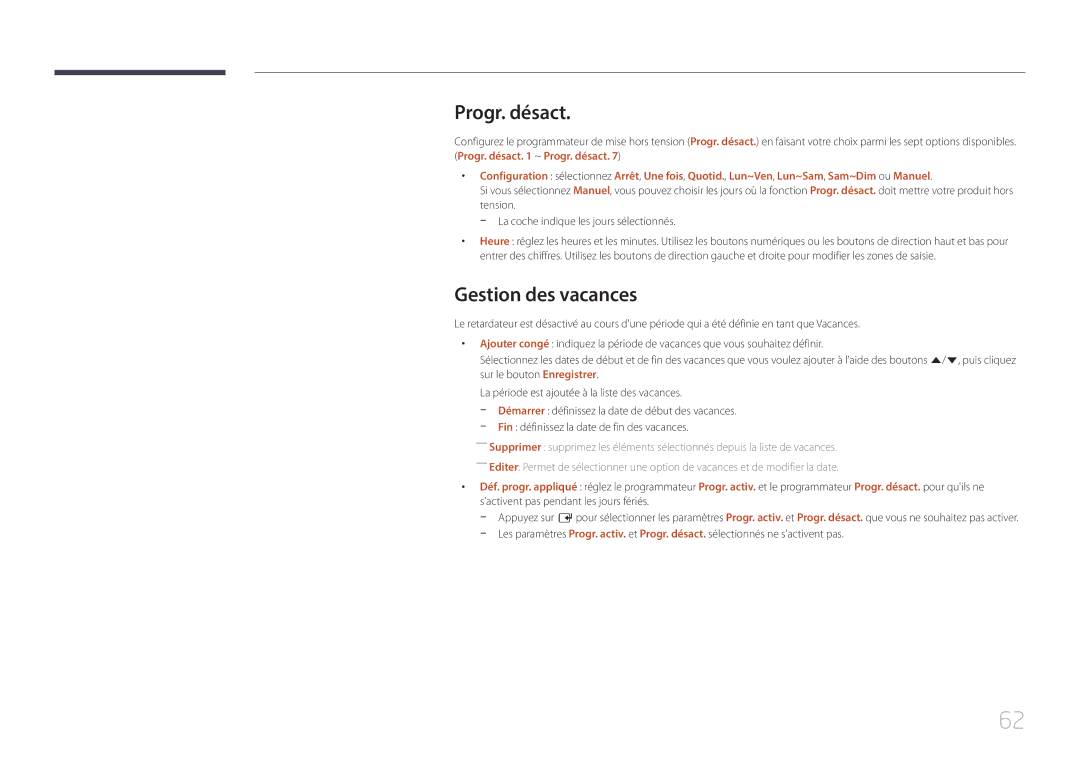 Samsung SBB-SS08EL1/EN manual Progr. désact, Gestion des vacances 