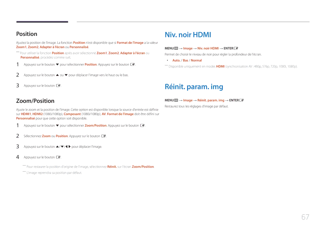 Samsung SBB-SS08EL1/EN manual Niv. noir Hdmi, Réinit. param. img, Zoom/Position 