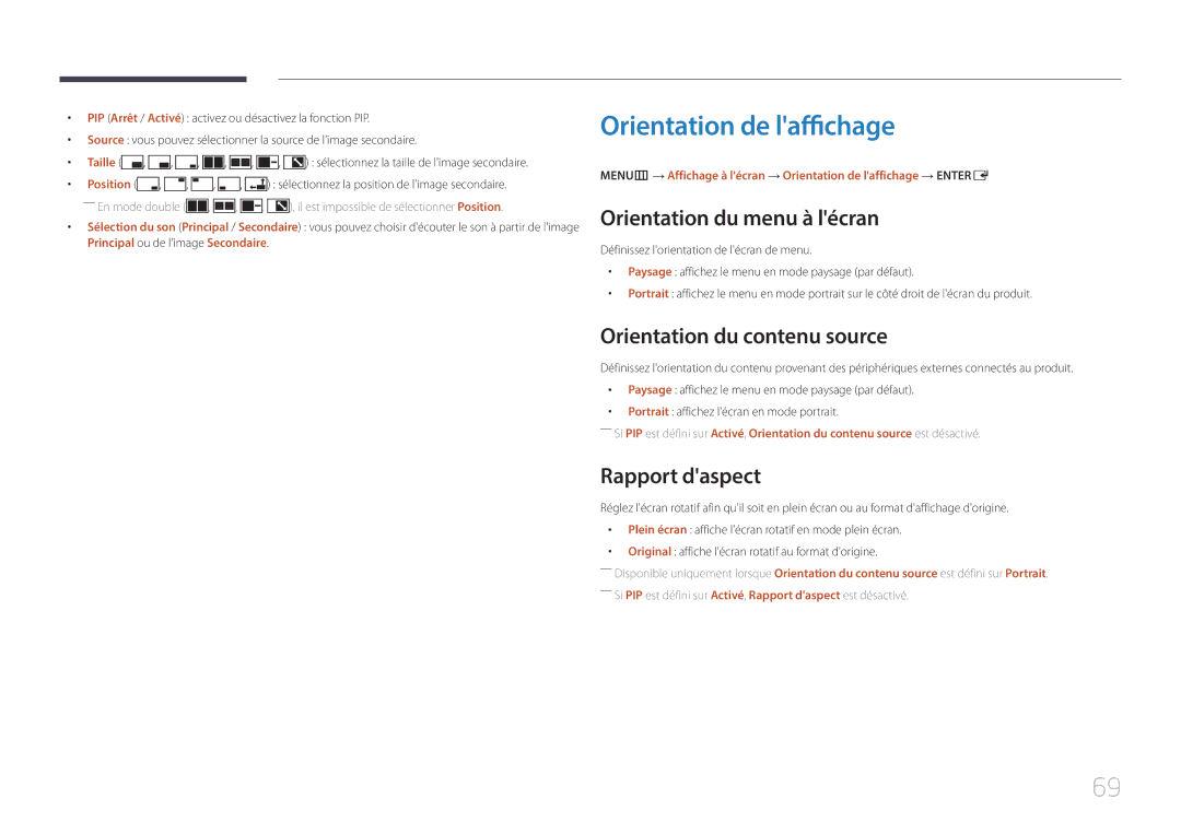 Samsung SBB-SS08EL1/EN manual Orientation de laffichage, Orientation du menu à lécran, Orientation du contenu source 