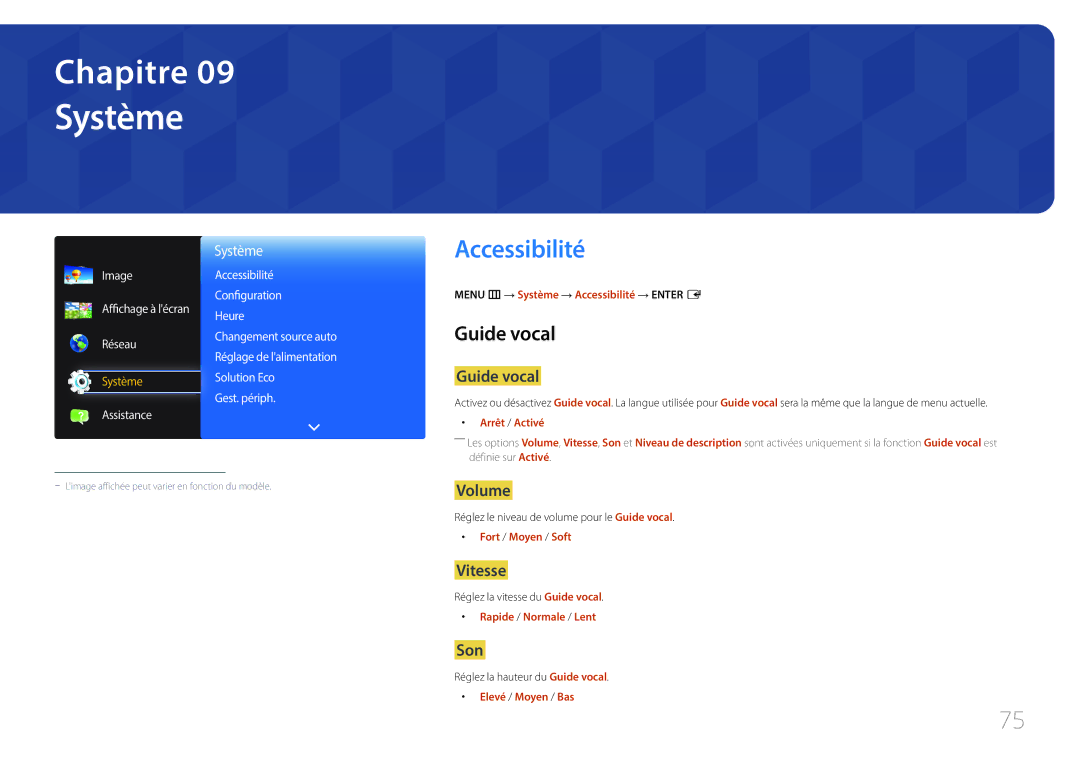 Samsung SBB-SS08EL1/EN manual Système, Accessibilité, Guide vocal 