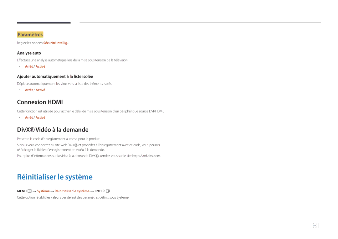 Samsung SBB-SS08EL1/EN manual Réinitialiser le système, Connexion Hdmi, DivX Vidéo à la demande 