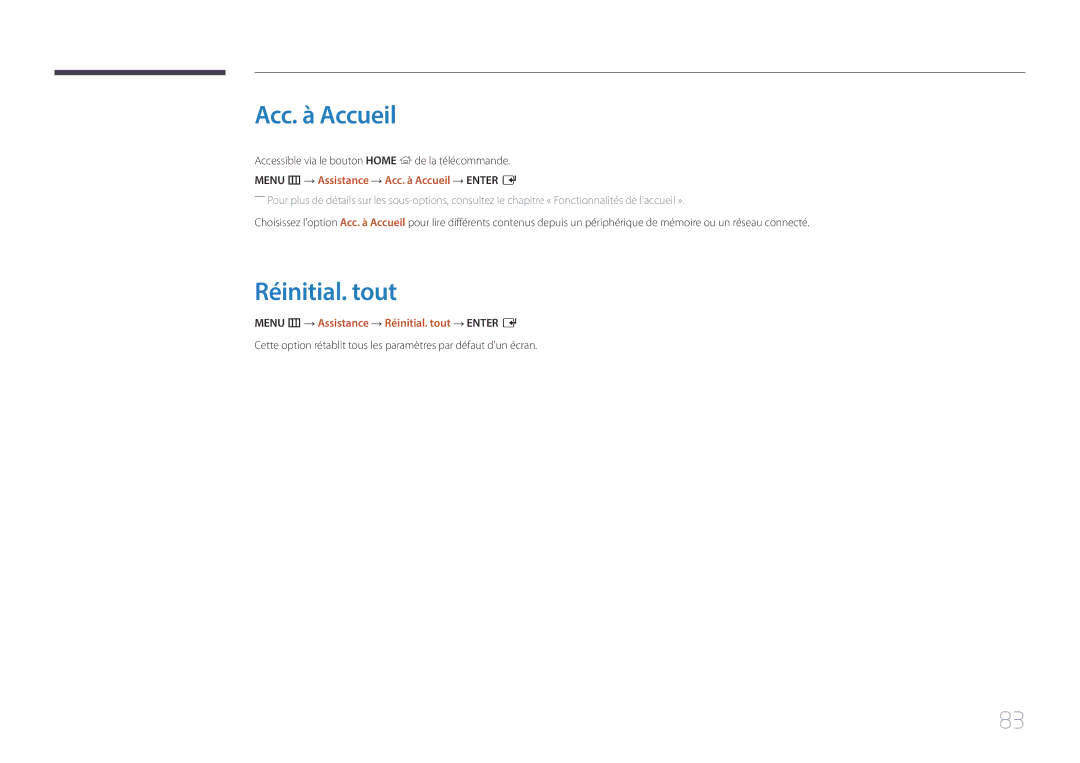 Samsung SBB-SS08EL1/EN manual Acc. à Accueil, Menu m → Assistance → Réinitial. tout → Enter E 