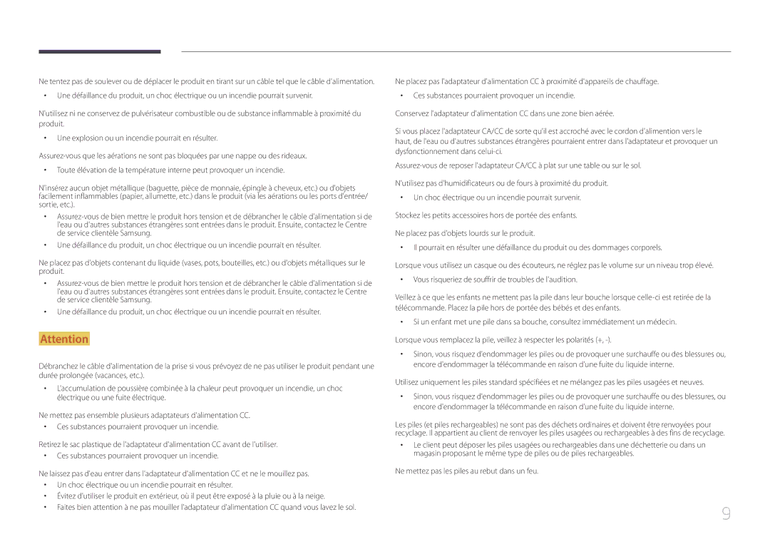Samsung SBB-SS08EL1/EN Vous risqueriez de souffrir de troubles de laudition, Ne mettez pas les piles au rebut dans un feu 