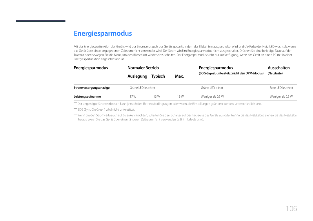 Samsung SBB-SS08EL1/EN manual Energiesparmodus Normaler Betrieb Ausschalten, Auslegung Typisch Max 