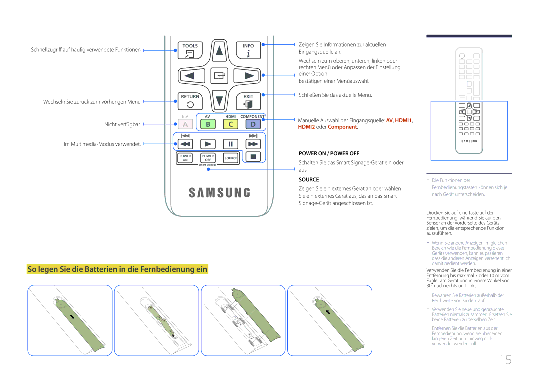 Samsung SBB-SS08EL1/EN So legen Sie die Batterien in die Fernbedienung ein, Nicht verfügbar Im Multimedia-Modus verwendet 