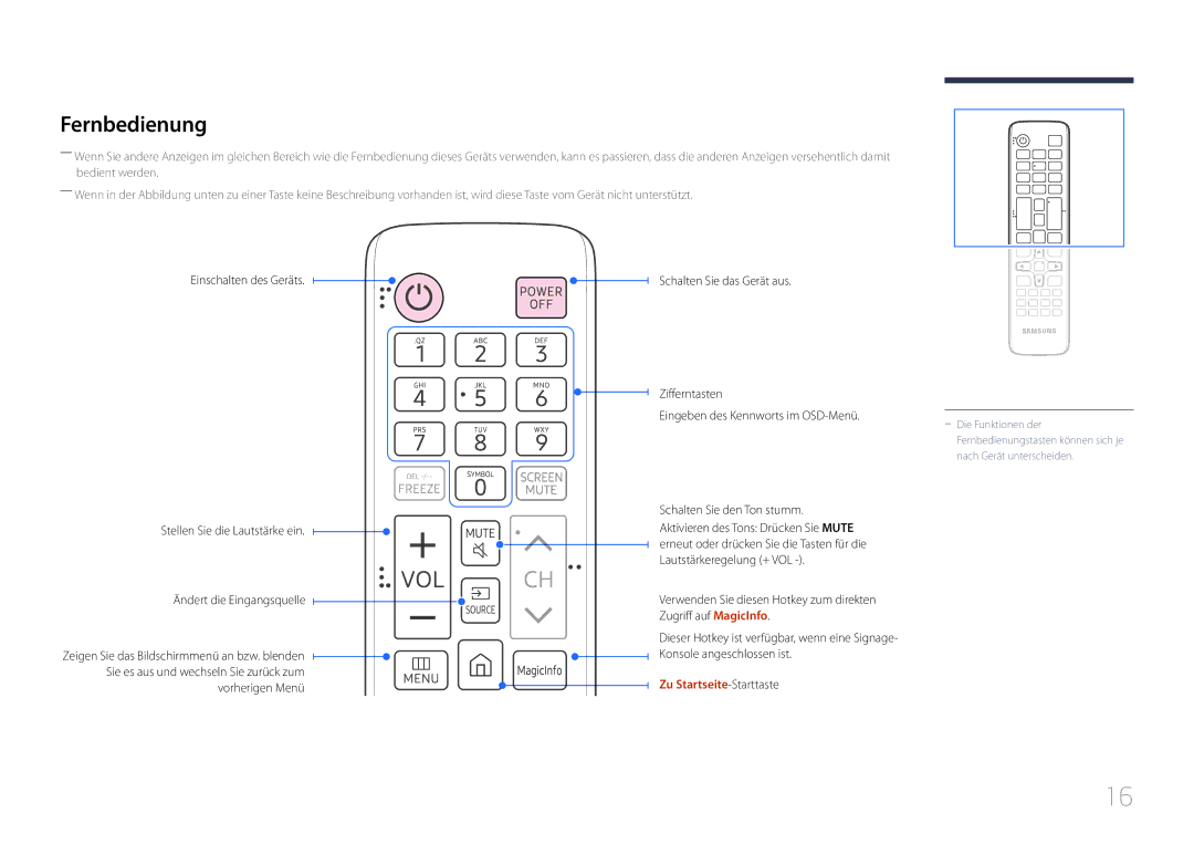 Samsung SBB-SS08EL1/EN manual Fernbedienung 