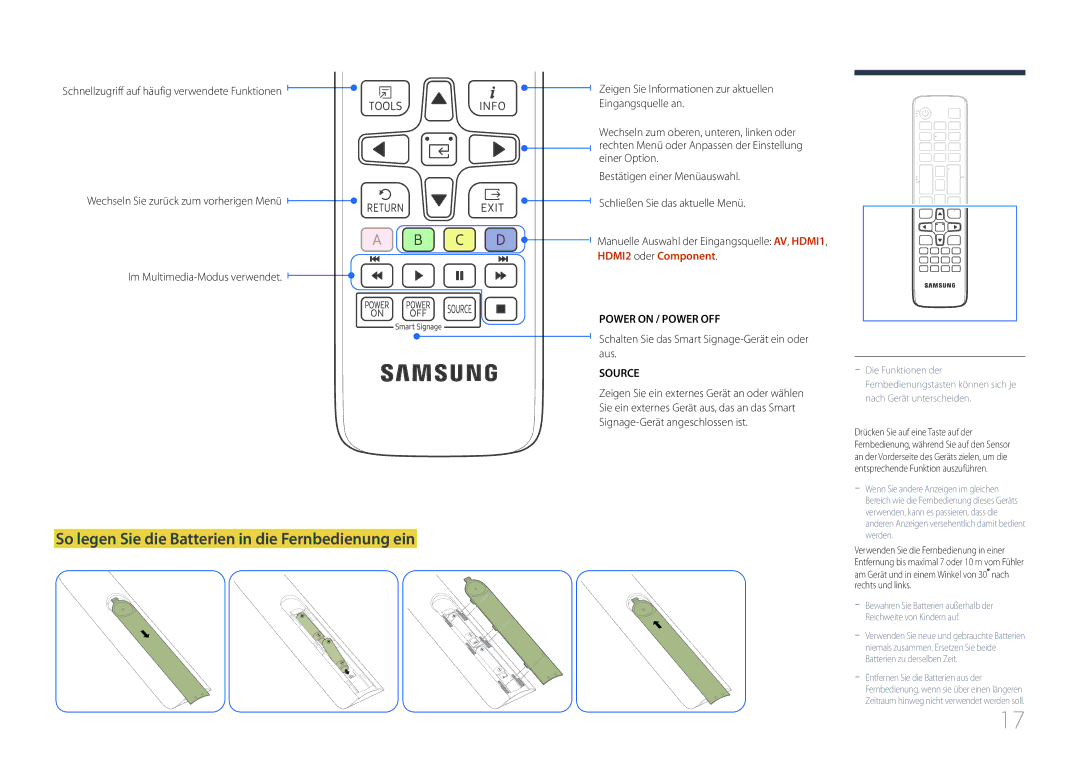 Samsung SBB-SS08EL1/EN manual HDMI2 oder Component, Am Gerät und in einem Winkel von 30 nach rechts und links 