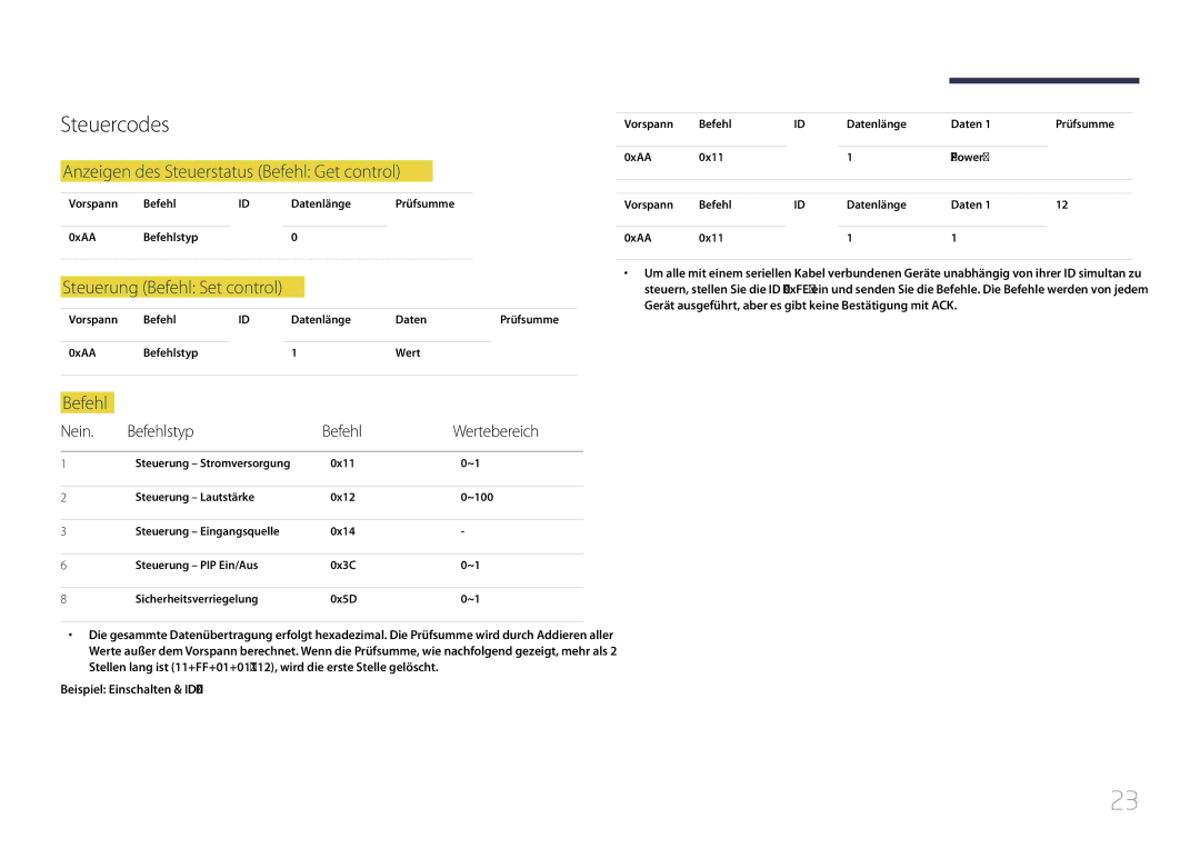 Samsung SBB-SS08EL1/EN manual Steuercodes, Anzeigen des Steuerstatus Befehl Get control, Steuerung Befehl Set control 