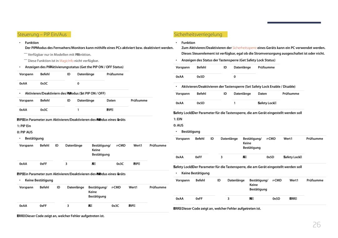 Samsung SBB-SS08EL1/EN manual Steuerung PIP Ein/Aus, Sicherheitsverriegelung, Funktion 