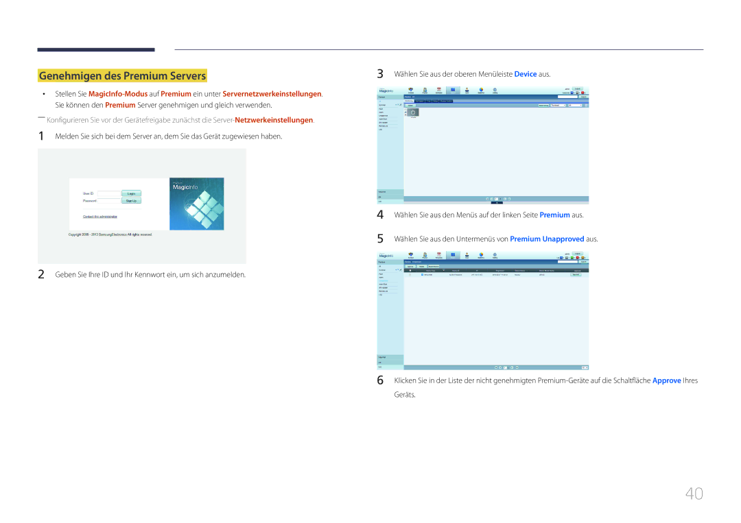 Samsung SBB-SS08EL1/EN manual Genehmigen des Premium Servers 