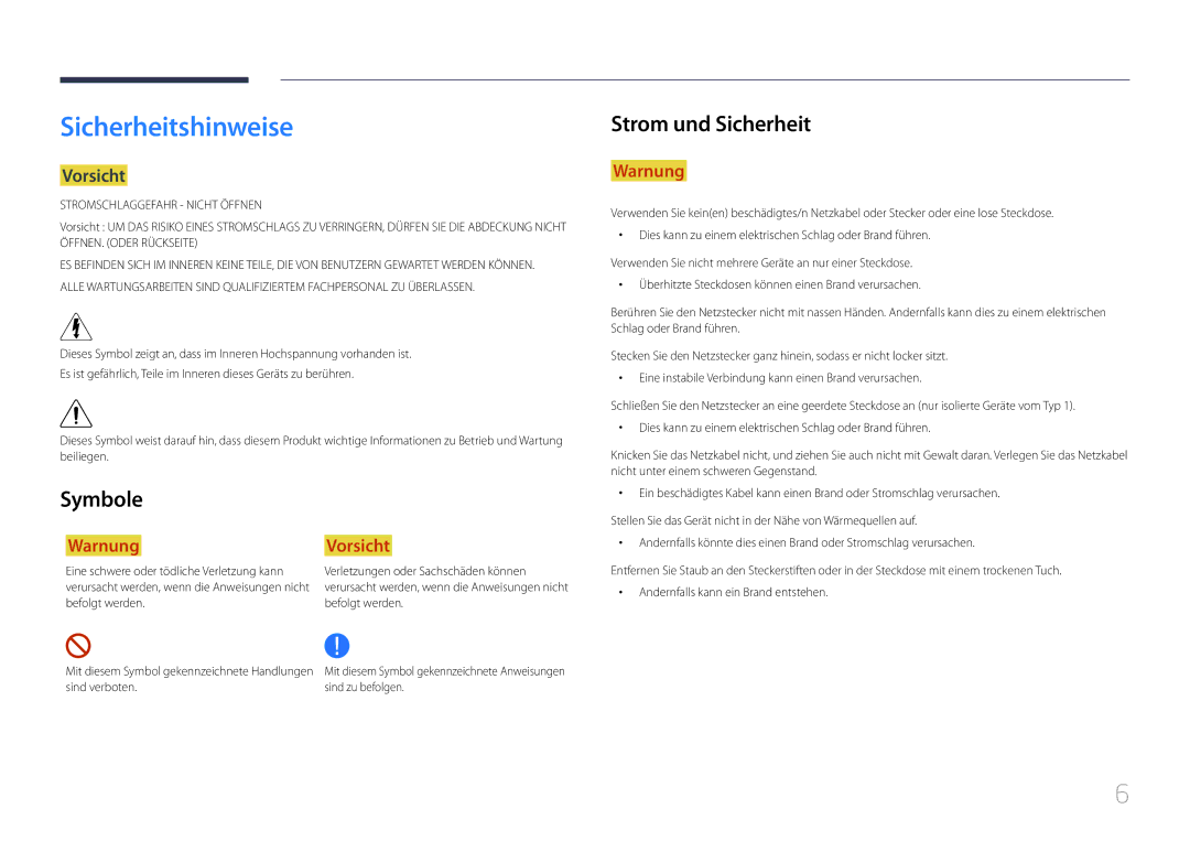 Samsung SBB-SS08EL1/EN manual Sicherheitshinweise, Symbole, Strom und Sicherheit, Vorsicht 