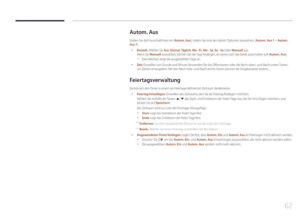 Samsung SBB-SS08EL1/EN manual Autom. Aus, Feiertagsverwaltung, Ende Legt das Enddatum der freien Tage fest 