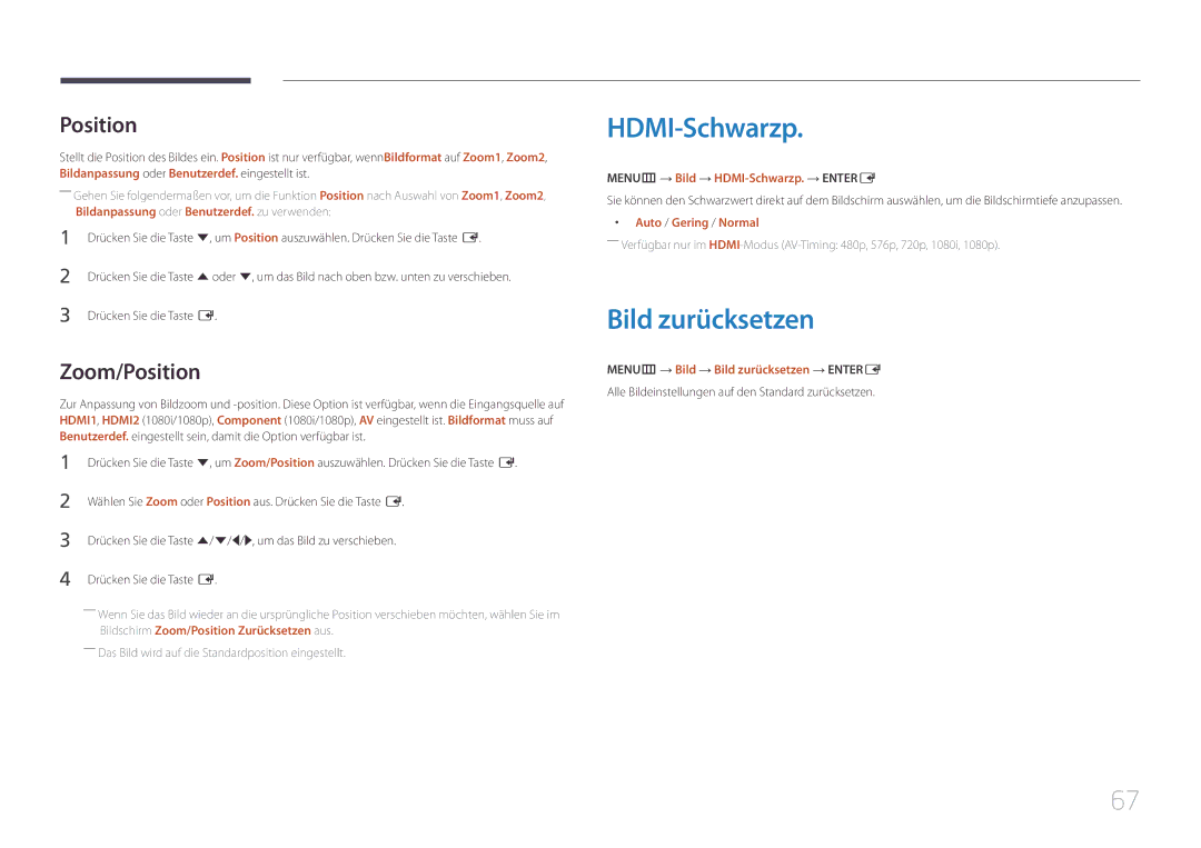 Samsung SBB-SS08EL1/EN manual HDMI-Schwarzp, Bild zurücksetzen, Zoom/Position 