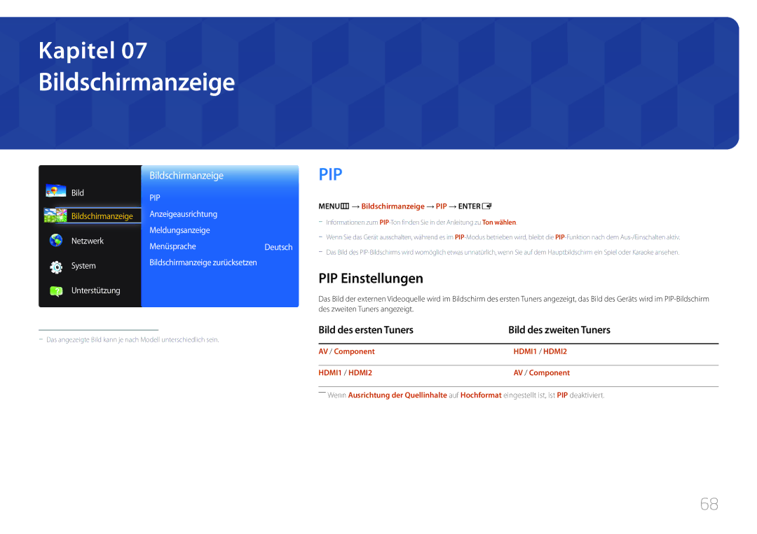 Samsung SBB-SS08EL1/EN manual Bildschirmanzeige, PIP Einstellungen, Bild des ersten Tuners Bild des zweiten Tuners 